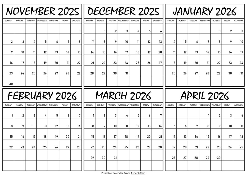 Calendar November 2025 to April 2026