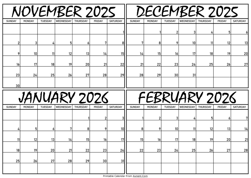 Calendar November 2025 to February 2026