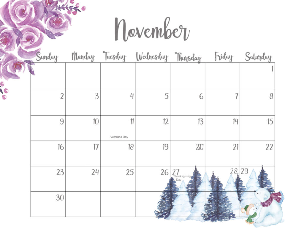 Cute November Calendar 2025