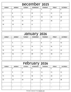 December 2025 to February 2026 Calendar