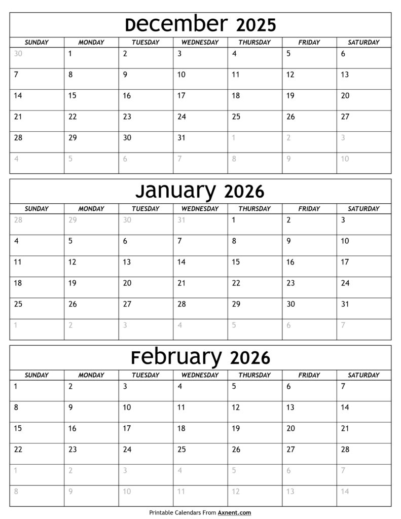 December 2025 to February 2026 Calendar