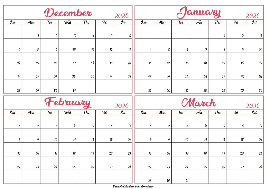 December 2025 to March 2026 Calendar Template