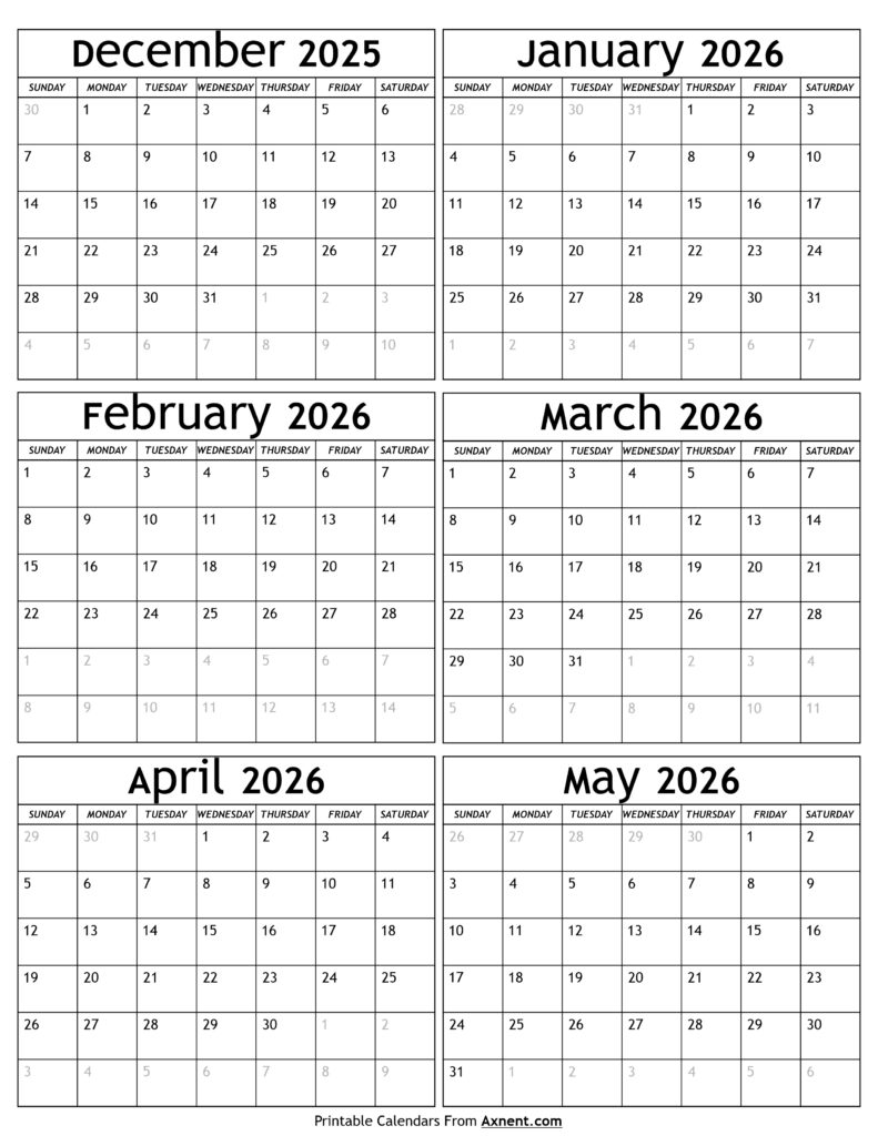 December 2025 to May 2026 Calendar