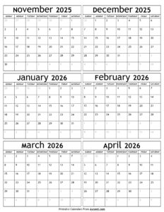 November 2025 to April 2026 Calendar