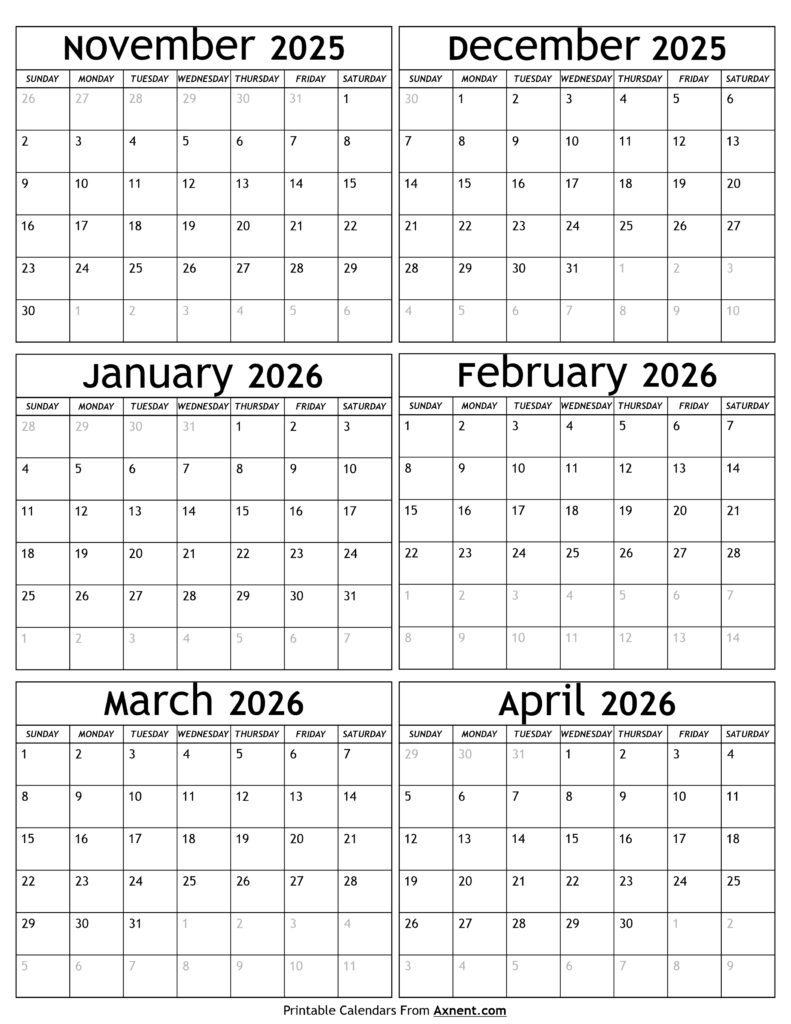 November 2025 to April 2026 Calendar