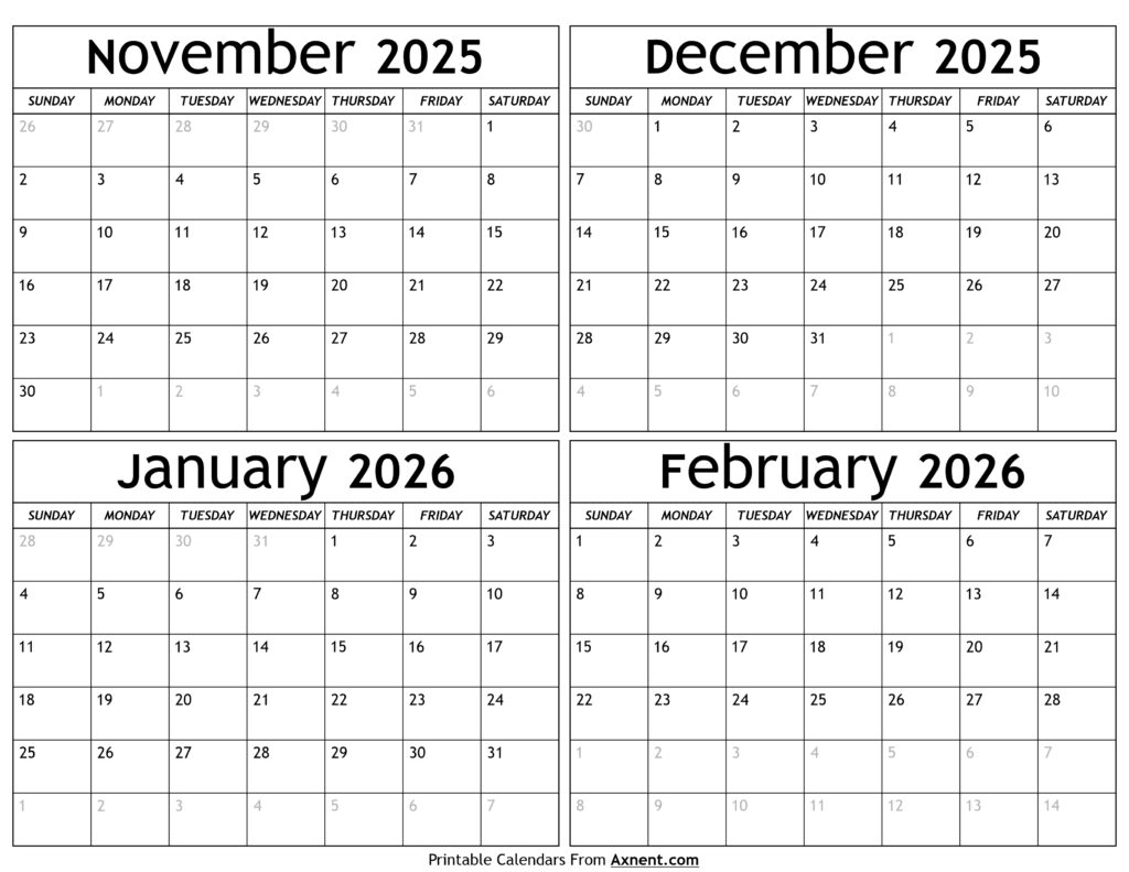 November 2025 to February 2026 Calendar