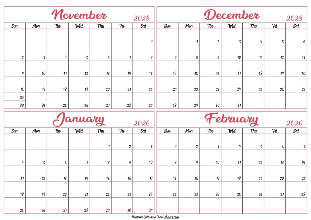 November 2025 to February 2026 Calendar Template