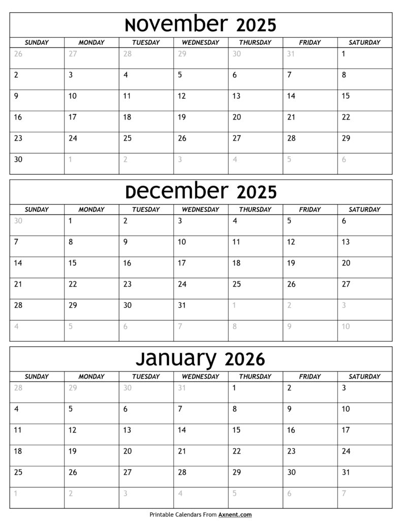 November 2025 to January 2026 Calendar