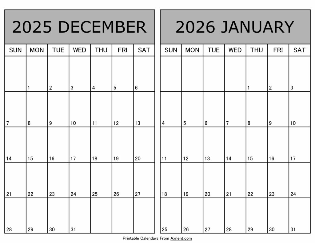 Printable December 2025 January 2026 Calendar