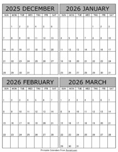 Printable December 2025 to March 2026 Calendar