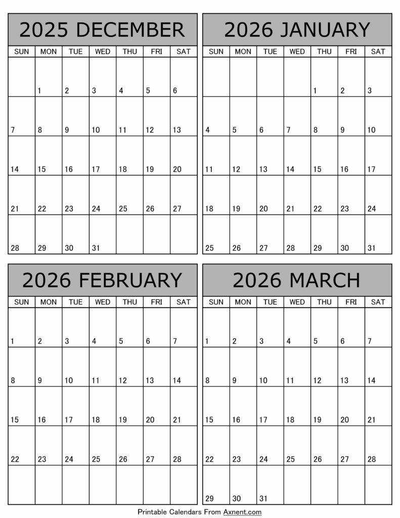 Printable December 2025 to March 2026 Calendar