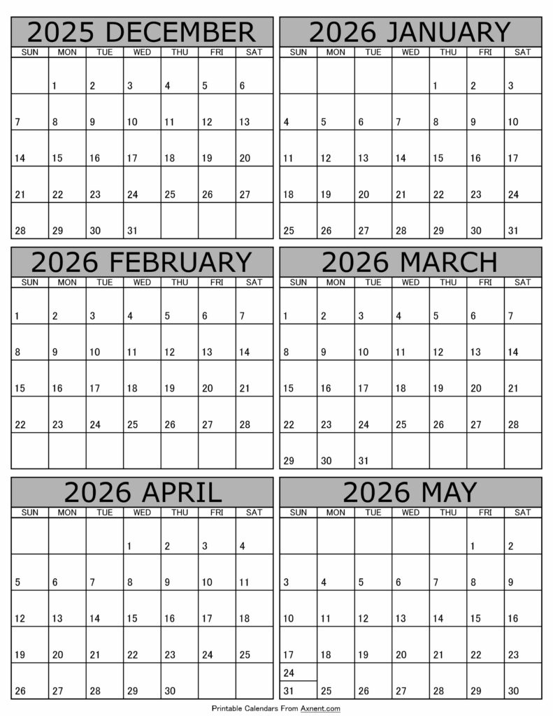 Printable December 2025 to May 2026 Calendar