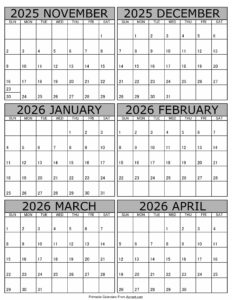 Printable November 2025 to April 2026 Calendar