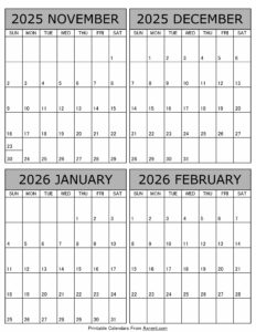 Printable November 2025 to February 2026 Calendar