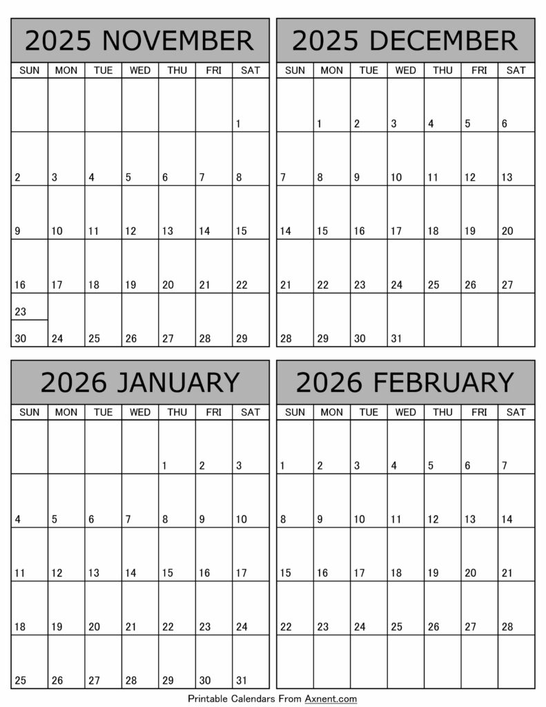 Printable November 2025 to February 2026 Calendar