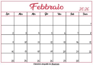 Calendario Febbraio 2026 Stampabile