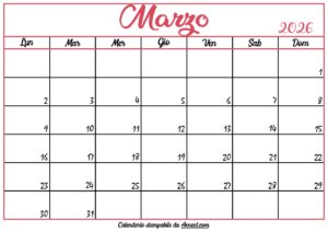 Calendario Marzo 2026 Stampabile