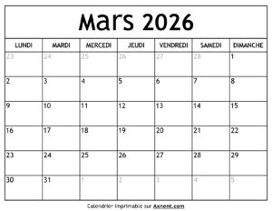 Calendrier Mars 2026