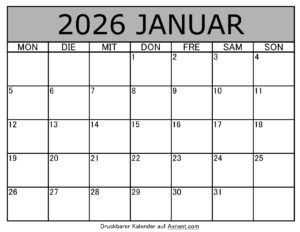 Kalender Januar 2026 zum Ausdrucken