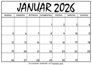 Kalender für Januar 2026