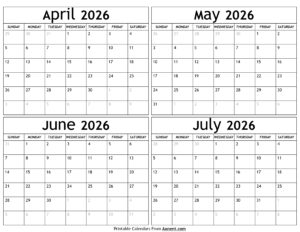 April to July 2026 Calendar