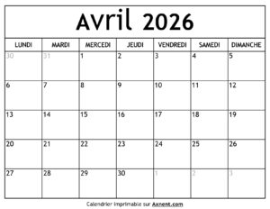 Calendrier Avril 2026