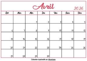 Calendrier Vierge Avril 2026