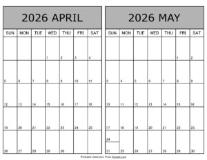 Printable April May 2026 Calendar