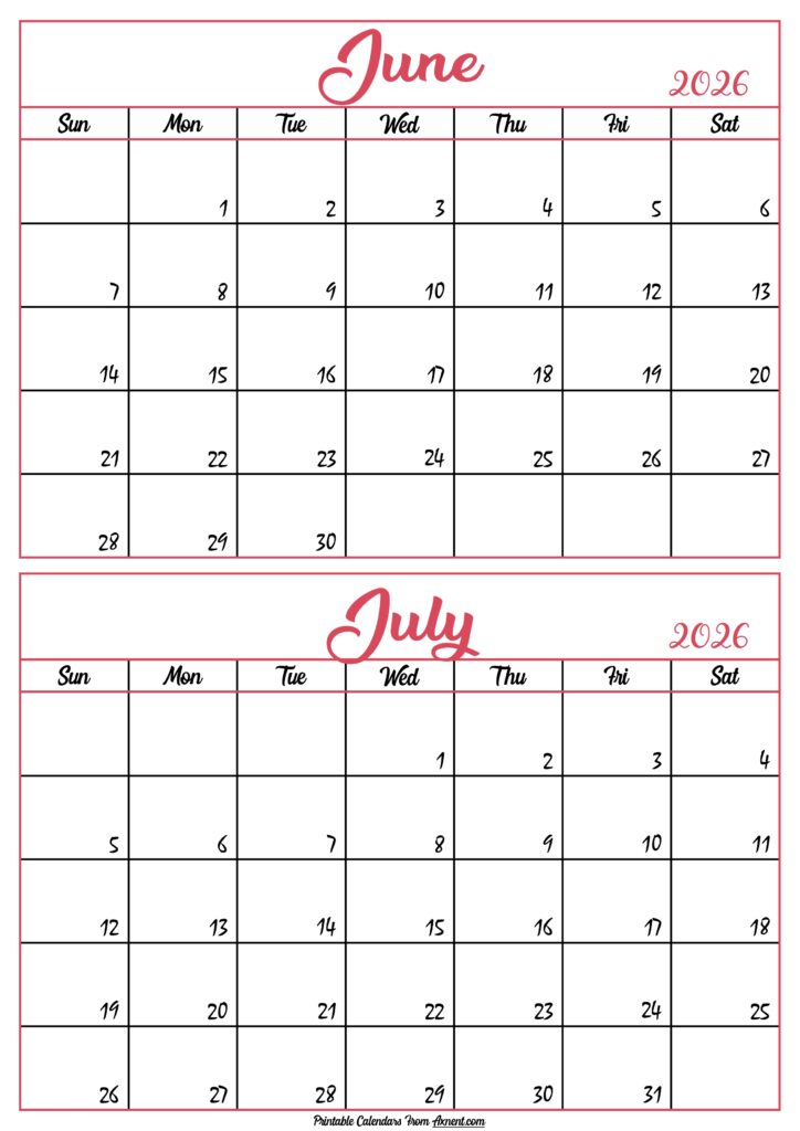 Calendar 2026 June July