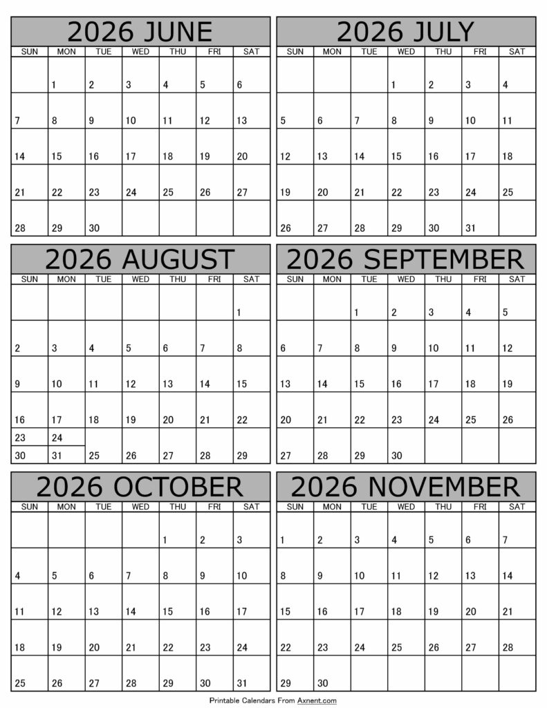 Calendar 2026 June to November