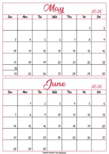Calendar 2026 May June