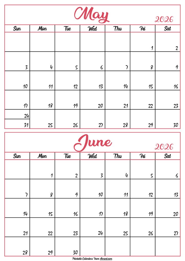 Calendar 2026 May June