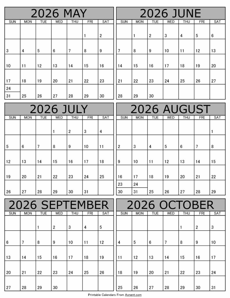 Calendar 2026 May to October