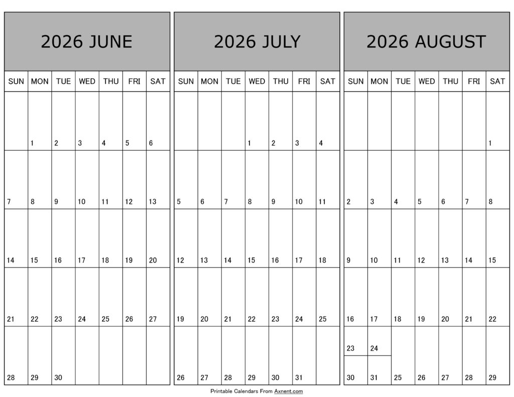 Calendar June July August 2026