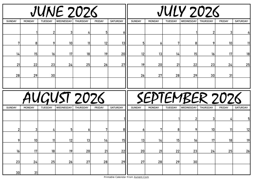 Calendar June to September 2026
