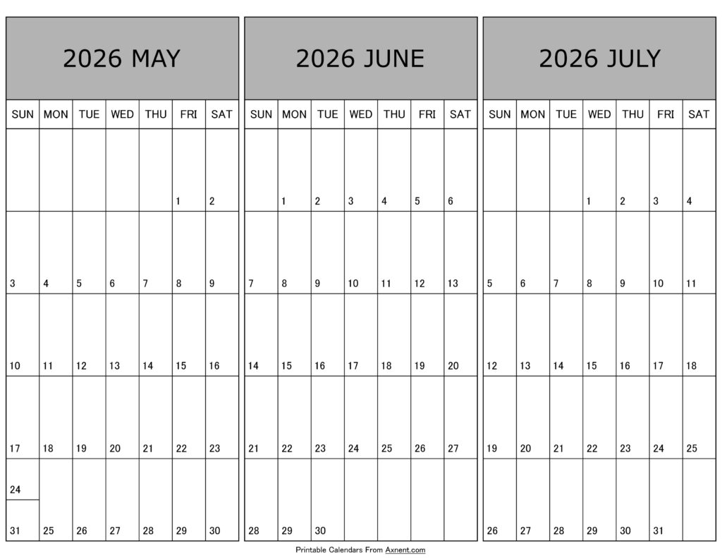 Calendar May June July 2026