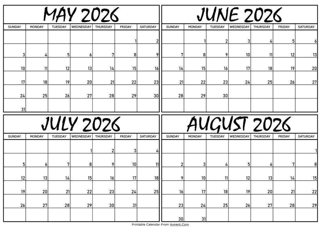 Calendar May to August 2026