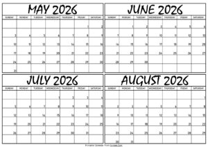 Calendar May to August 2026