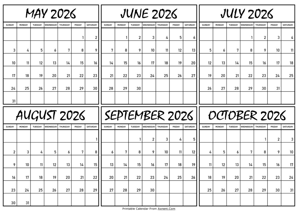 Calendar May to October 2026