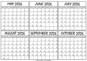 Calendar May to October 2026