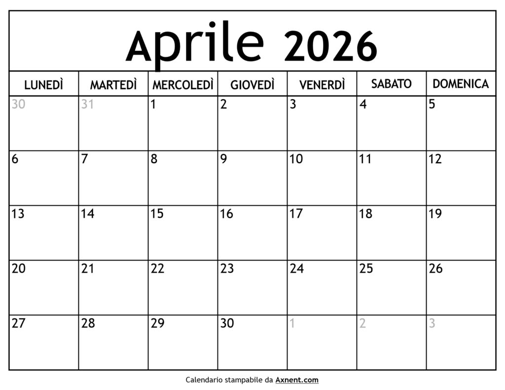 Calendario Aprile 2026