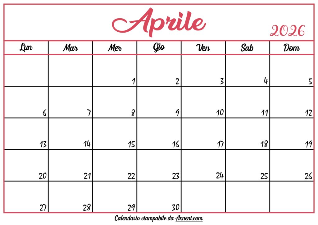 Calendario Aprile 2026 Stampabile