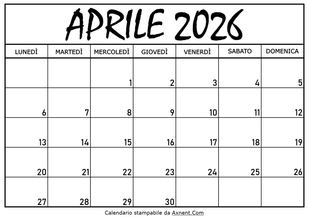 Calendario Aprile 2026 da Stampare
