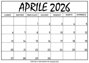 Calendario Aprile 2026 da Stampare