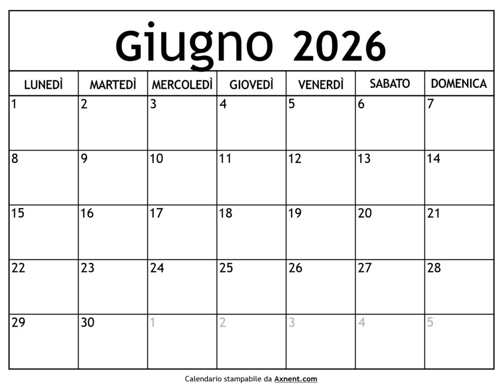 Calendario Giugno 2026