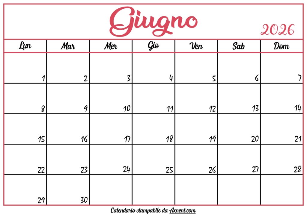 Calendario Giugno 2026 Stampabile