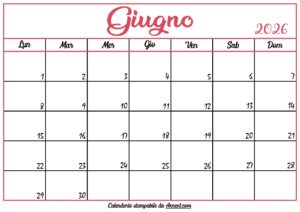 Calendario Giugno 2026 Stampabile