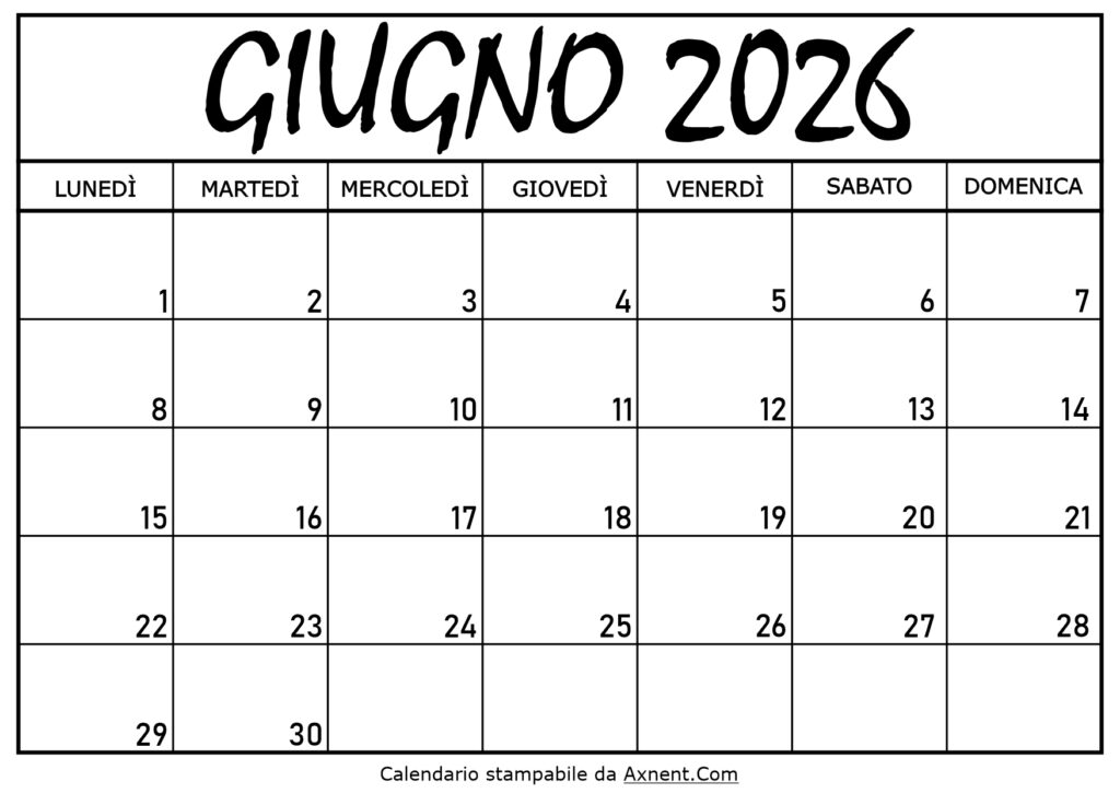 Calendario Giugno 2026 da Stampare