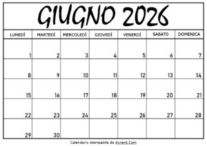 Calendario Giugno 2026 da Stampare