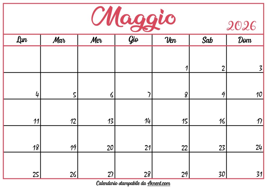 Calendario Maggio 2026 Stampabile